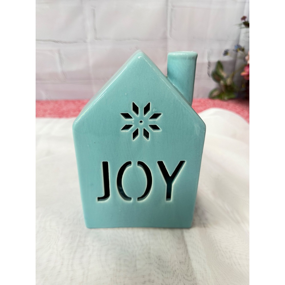 Ceramic Light Up Blue House JOY Snowflake LED Luminary Holiday Decor